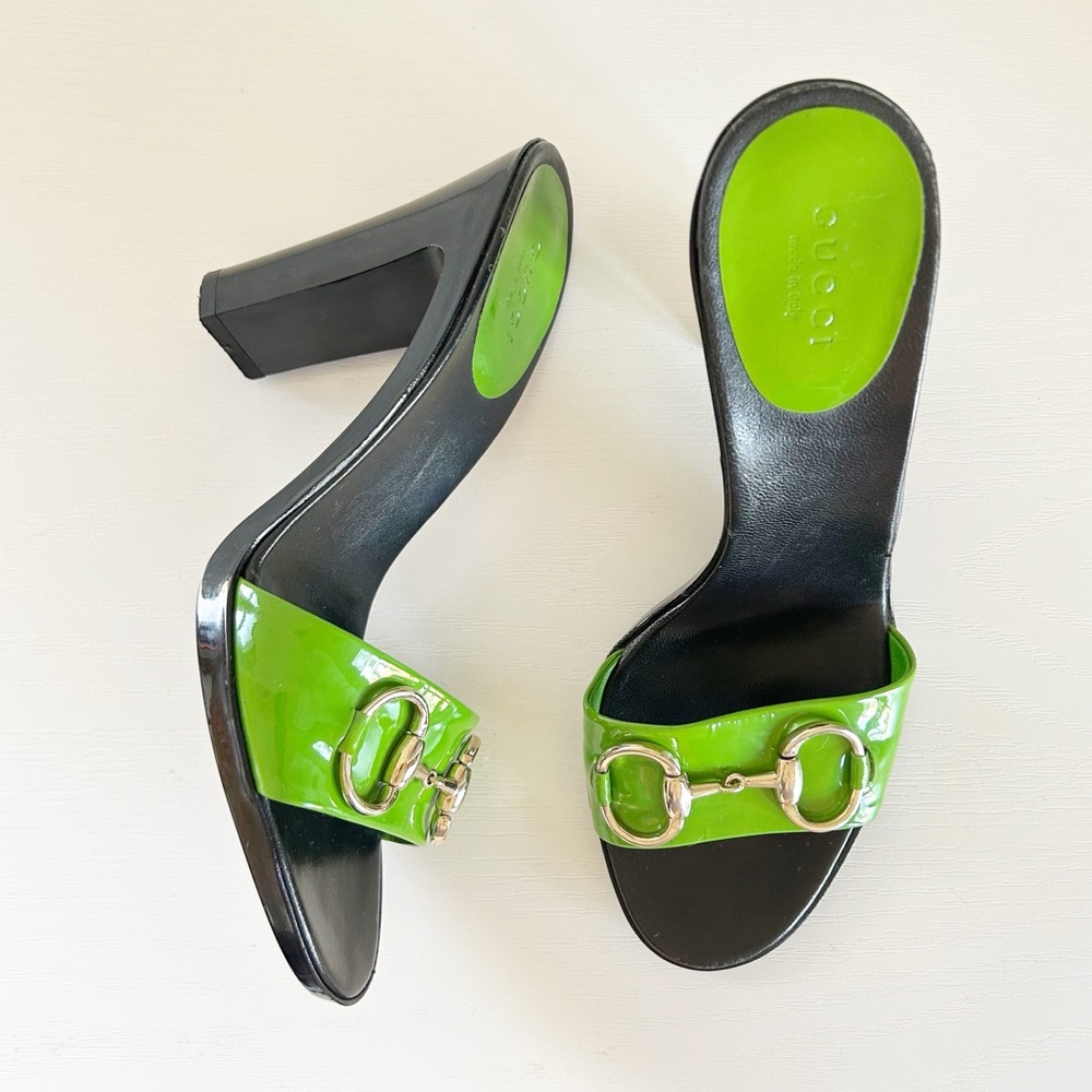 Gucci Horsebit Block Heel Mules Lime Green Patent Leather Y2K US 7